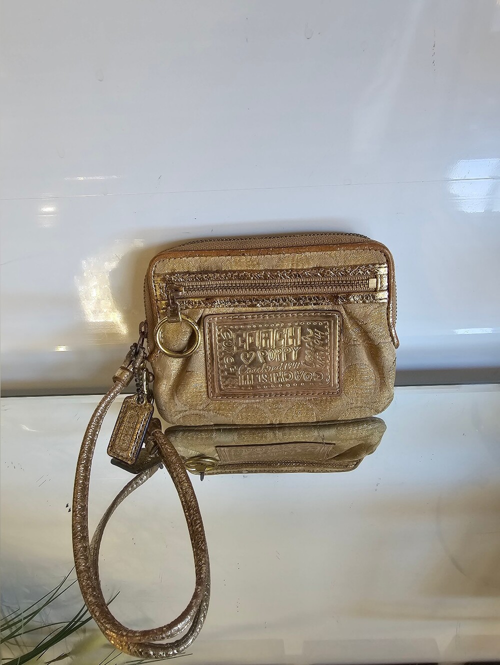 Coach Metallic Gold Wristlet Clutch with Logo Patch